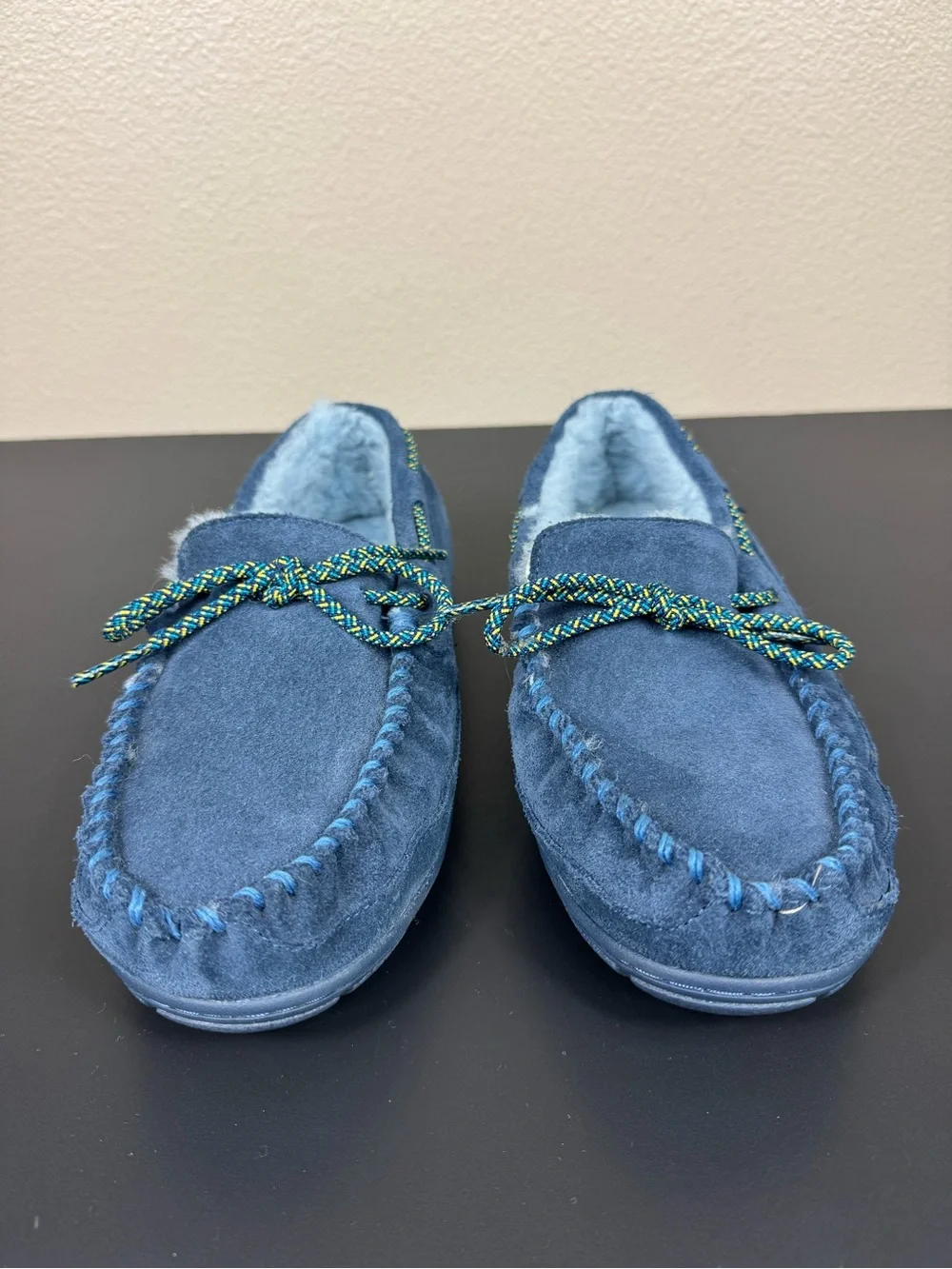 L.L.Bean Sherpa‎ Moccasin Slippers Shoes with Rubber Soles Navy EUC
